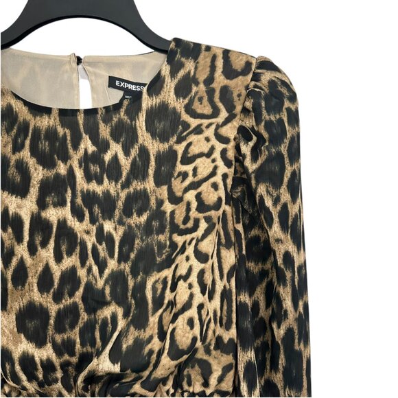 Express Womens Leopard Print Long Sleeve Smocked Waist Blouse Size S - Picture 5 of 12